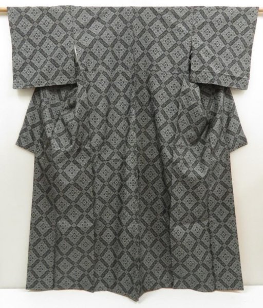 Photo1: 5726T14z670 Vintage Japanese Kimono Silk OSHIMA TSUMUGI  Black (1)