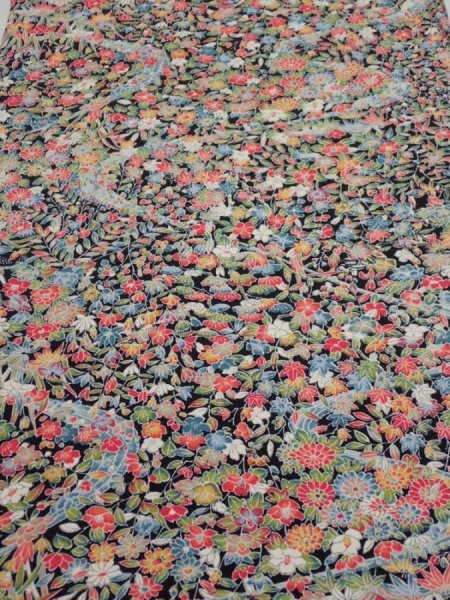 Photo1: 2K02z60  Japanese Kimono Silk  FABRIC Flowers Black 41.7x14.4 (1)