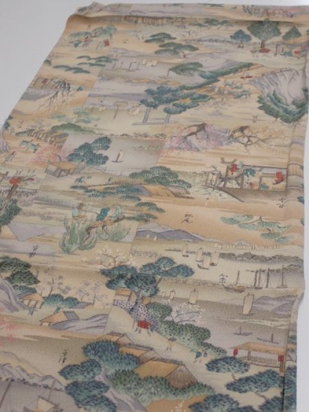 Photo3: 2K01z70  Japanese Kimono Crepe Silk  FABRIC Edo era Light brown 44.1x14.6 (3)
