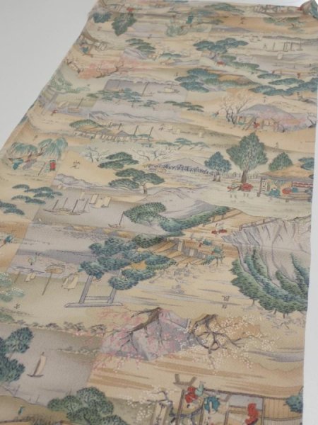 Photo3: 2K02z70  Japanese Kimono Crepe Silk  FABRIC Edo era Light brown 44.1x14.8 (3)