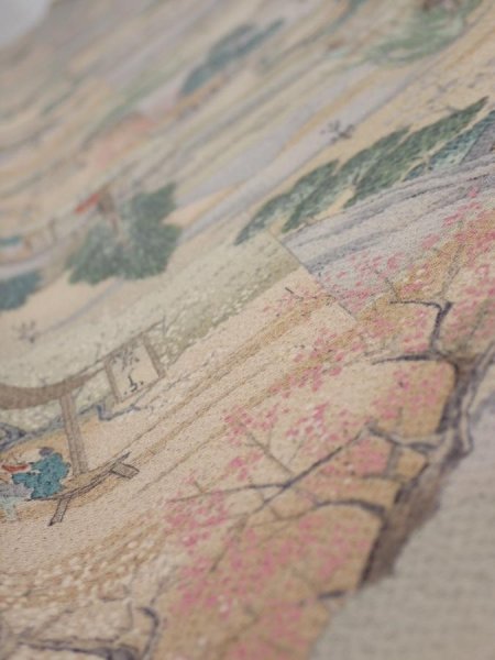 Photo4: 2K07z50  Japanese Kimono Crepe Silk  FABRIC Edo era Light brown 60.6x7.7 (4)