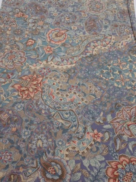 Photo1: 2K01z70  Japanese Kimono Crepe Silk  FABRIC Flowers Blue-Gray 41.7x14.6 (1)