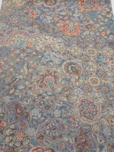 Photo1: 2K02z70  Japanese Kimono Crepe Silk  FABRIC Flowers Blue-Gray 40.9x14.6 (1)