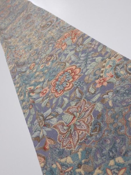 Photo1: 2K07z50  Japanese Kimono Crepe Silk  FABRIC Flowers Blue-Gray 62.2x7.7 (1)