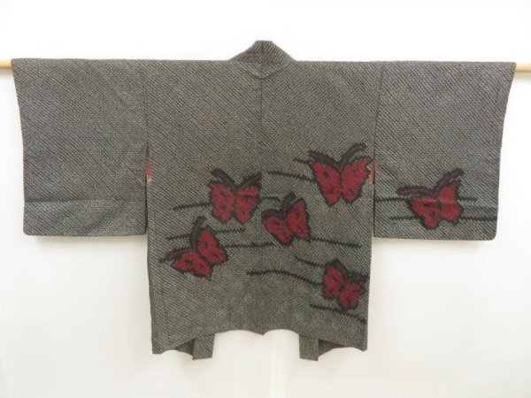 Photo1: 5803T01z410 Vintage Japanese Kimono Silk SHIBORI HAORI Butterfly Black (1)