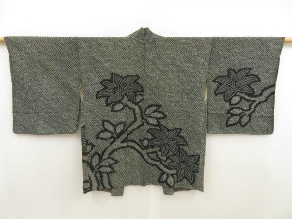 Photo1: 5803T03z440 Vintage Japanese Kimono Silk SHIBORI HAORI Flower Black (1)