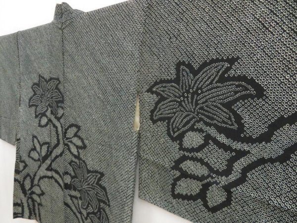 Photo2: 5803T03z440 Vintage Japanese Kimono Silk SHIBORI HAORI Flower Black (2)