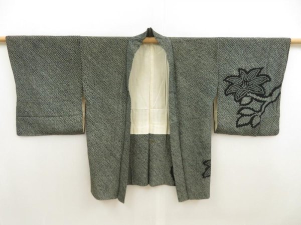 Photo6: 5803T03z440 Vintage Japanese Kimono Silk SHIBORI HAORI Flower Black (6)