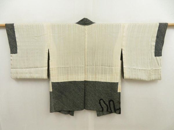 Photo7: 5803T03z440 Vintage Japanese Kimono Silk SHIBORI HAORI Flower Black (7)