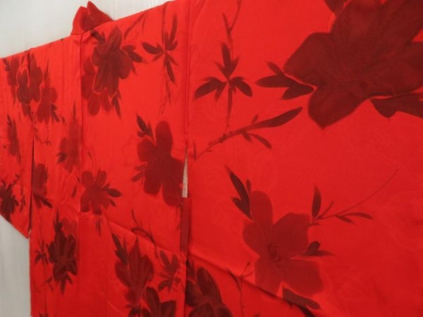 Photo2: 5803T05z570 Vintage Japanese Kimono Silk HAORI Flower Tomato red (2)
