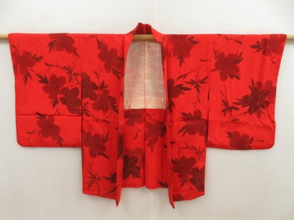 Photo5: 5803T05z570 Vintage Japanese Kimono Silk HAORI Flower Tomato red (5)