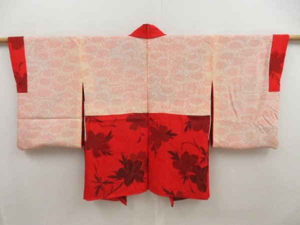 Photo6: 5803T05z570 Vintage Japanese Kimono Silk HAORI Flower Tomato red (6)