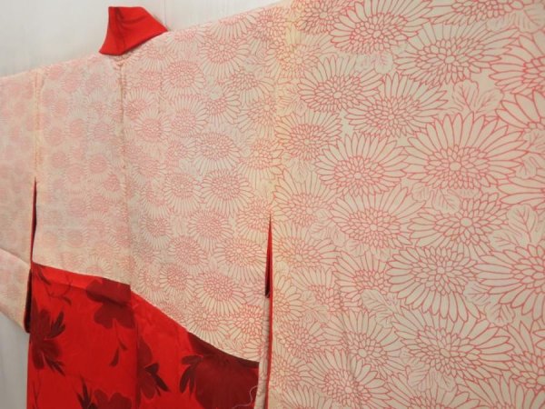 Photo7: 5803T05z570 Vintage Japanese Kimono Silk HAORI Flower Tomato red (7)