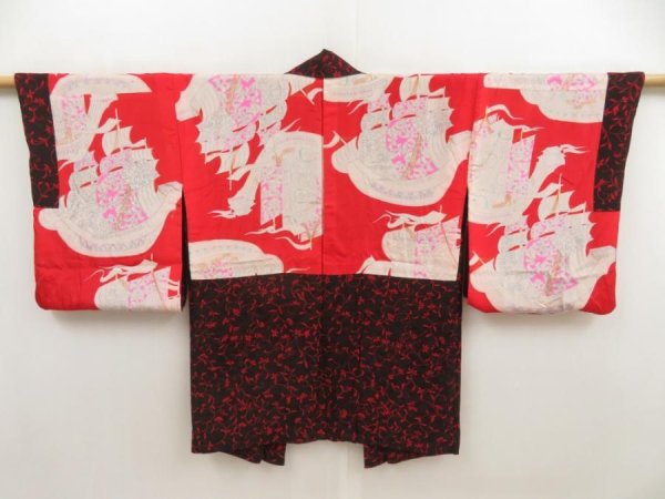 Photo1: 5803T08z370 Vintage Japanese Kimono Silk HAORI Flower Black Red (1)