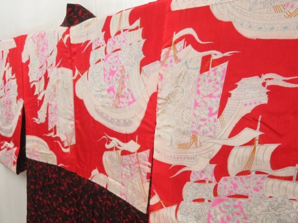 Photo2: 5803T08z370 Vintage Japanese Kimono Silk HAORI Flower Black Red (2)