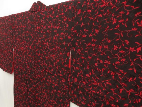 Photo3: 5803T08z370 Vintage Japanese Kimono Silk HAORI Flower Black Red (3)