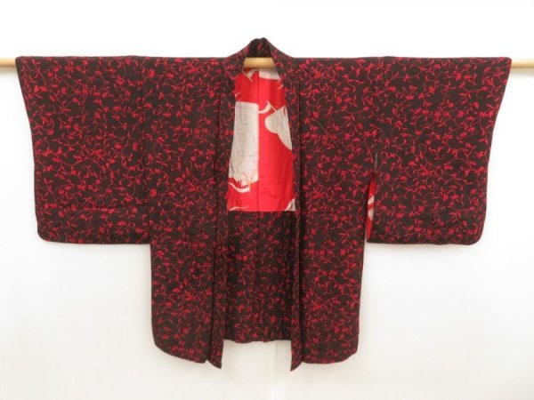 Photo6: 5803T08z370 Vintage Japanese Kimono Silk HAORI Flower Black Red (6)