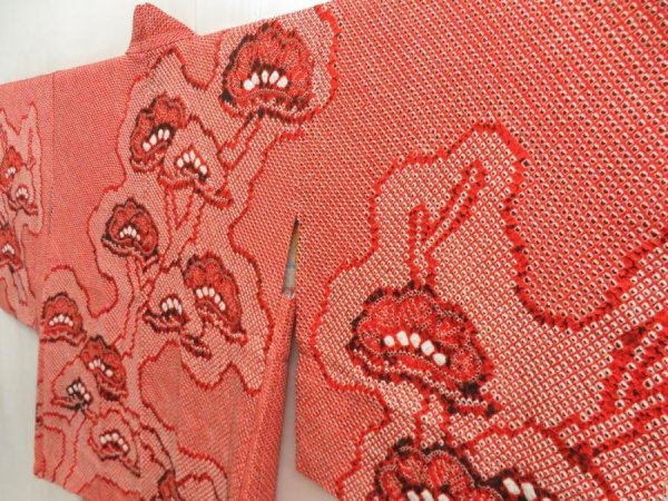 Photo2: 5803T10z490 Vintage Japanese Kimono Silk SHIBORI HAORI Pine Orange-Red (2)