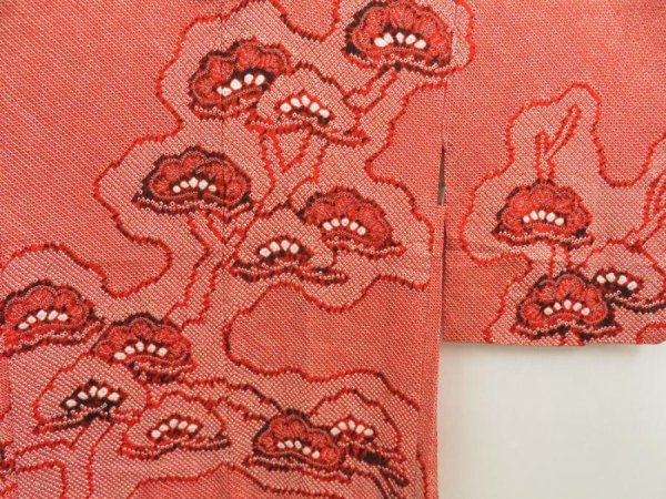Photo3: 5803T10z490 Vintage Japanese Kimono Silk SHIBORI HAORI Pine Orange-Red (3)