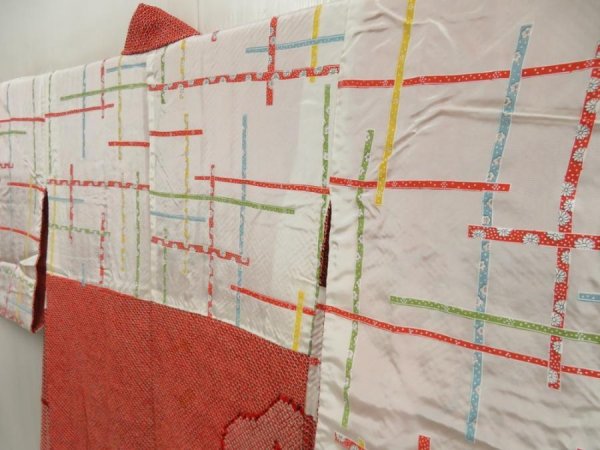 Photo7: 5803T10z490 Vintage Japanese Kimono Silk SHIBORI HAORI Pine Orange-Red (7)