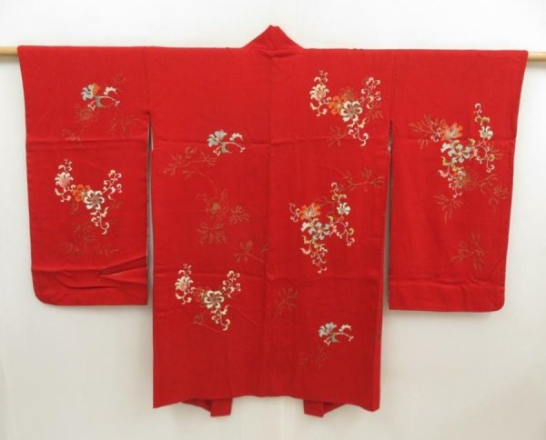 Photo1: 5803T11z590 Vintage Japanese Kimono Silk LONG HAORI Flower Dark red (1)