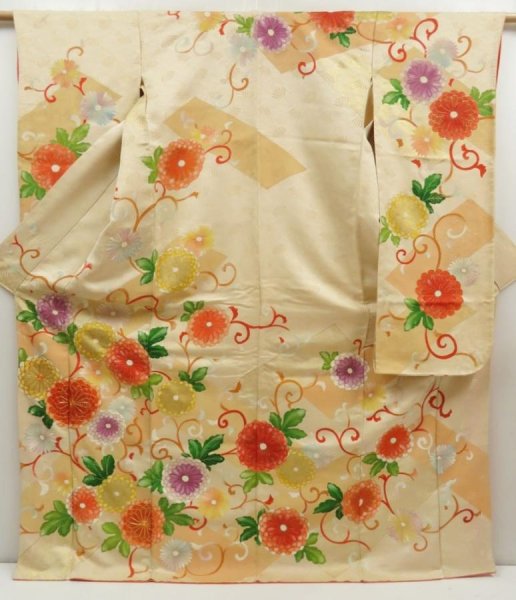 Photo1: 5803T14z1150 Vintage Japanese Kimono Silk FURISODE Chrysanthemum Light peach (1)