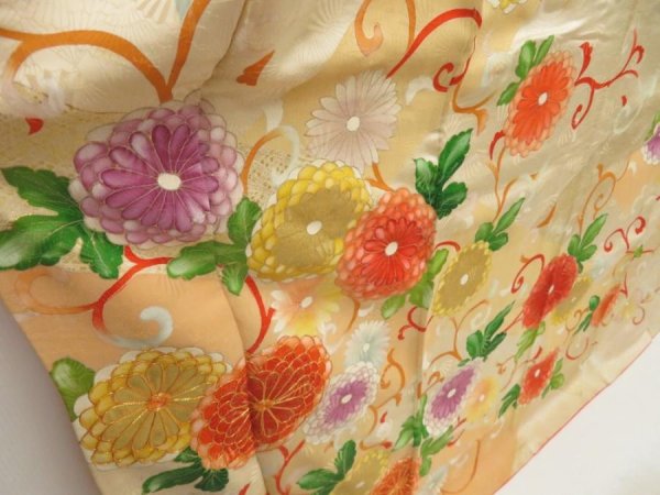 Photo3: 5803T14z1150 Vintage Japanese Kimono Silk FURISODE Chrysanthemum Light peach (3)