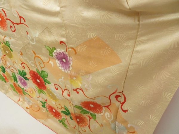 Photo4: 5803T14z1150 Vintage Japanese Kimono Silk FURISODE Chrysanthemum Light peach (4)