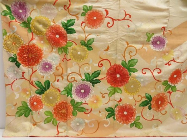Photo5: 5803T14z1150 Vintage Japanese Kimono Silk FURISODE Chrysanthemum Light peach (5)