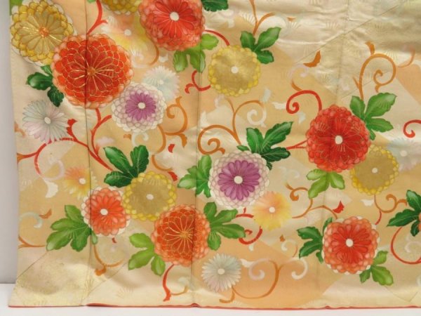 Photo6: 5803T14z1150 Vintage Japanese Kimono Silk FURISODE Chrysanthemum Light peach (6)