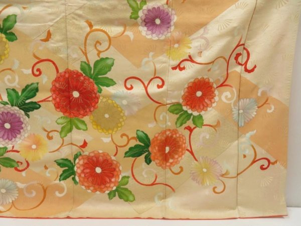Photo7: 5803T14z1150 Vintage Japanese Kimono Silk FURISODE Chrysanthemum Light peach (7)