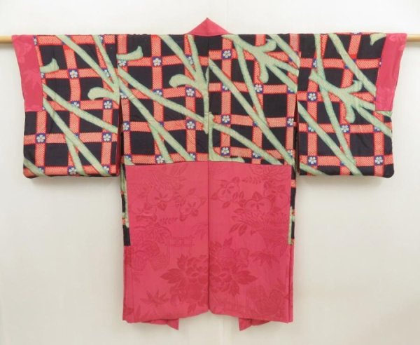 Photo1: 5806T01z470 Vintage Japanese Kimono Silk LONG HAORI Peony Red-Pink (1)