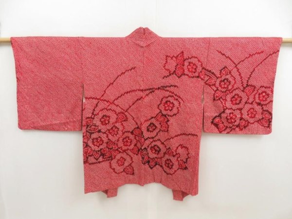 Photo1: 5806T03z390 Vintage Japanese Kimono Silk SHIBORI HAORI Flower Dark red (1)