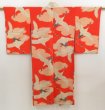 Photo1: 5806T04z390 Antique Japanese Kimono Silk JUBAN Flying crane Tomato red (1)