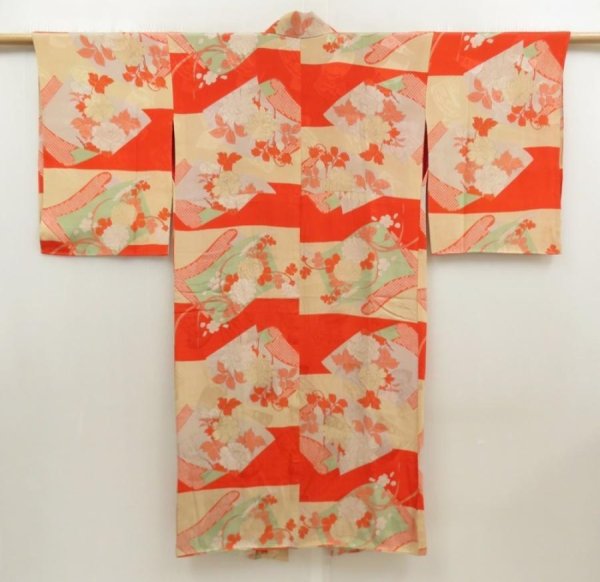 Photo1: 5806T05z420 Antique Japanese Kimono Silk JUBAN Flowers Orangered (1)