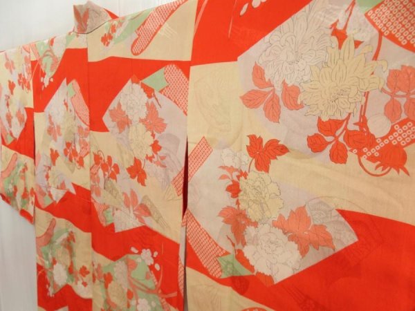 Photo2: 5806T05z420 Antique Japanese Kimono Silk JUBAN Flowers Orangered (2)