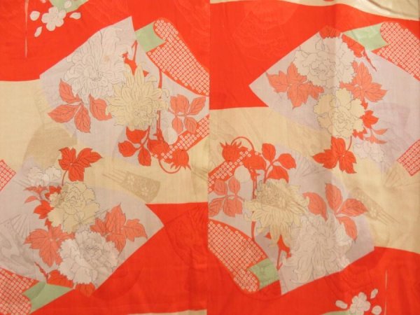 Photo3: 5806T05z420 Antique Japanese Kimono Silk JUBAN Flowers Orangered (3)