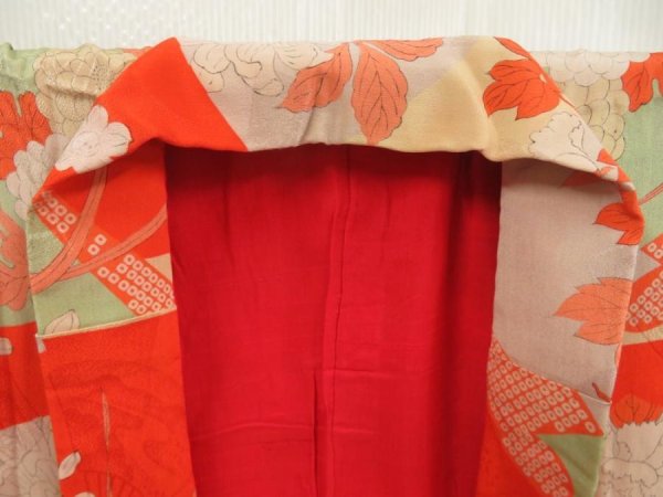 Photo5: 5806T05z420 Antique Japanese Kimono Silk JUBAN Flowers Orangered (5)