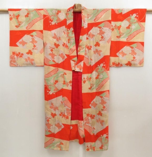 Photo6: 5806T05z420 Antique Japanese Kimono Silk JUBAN Flowers Orangered (6)