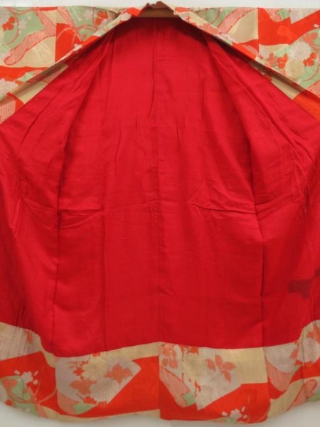 Photo7: 5806T05z420 Antique Japanese Kimono Silk JUBAN Flowers Orangered (7)