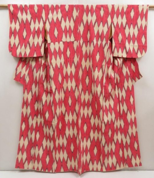 Photo1: 5806T07z840 Vintage Japanese Kimono Silk TSUMUGI Kasuri Red-Pink (1)
