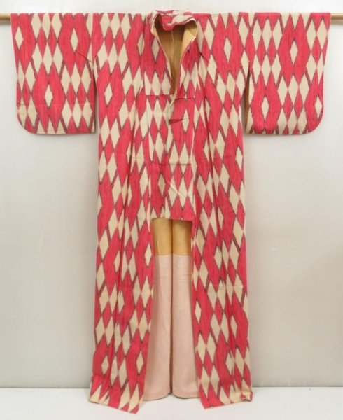 Photo7: 5806T07z840 Vintage Japanese Kimono Silk TSUMUGI Kasuri Red-Pink (7)
