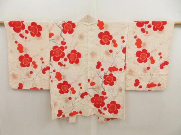 Photo1: 5806T08z410 Vintage Japanese Kimono Silk HAORI Plum blossom Off-white (1)