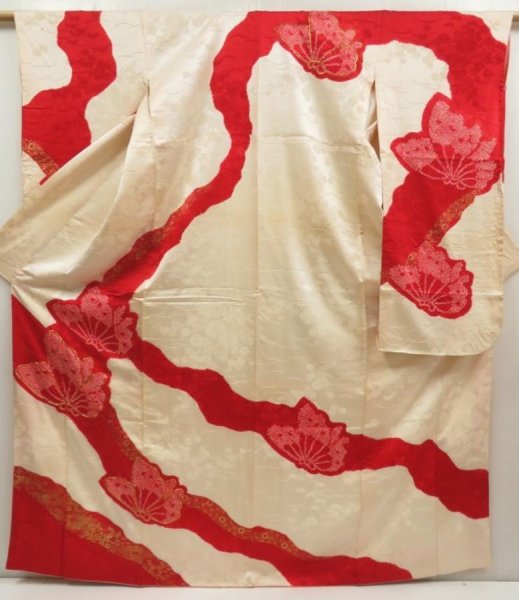 Photo1: 5806T09z1040 Vintage Japanese Kimono Silk FURISODE Butterfly Dark red (1)