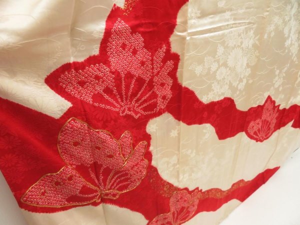 Photo3: 5806T09z1040 Vintage Japanese Kimono Silk FURISODE Butterfly Dark red (3)