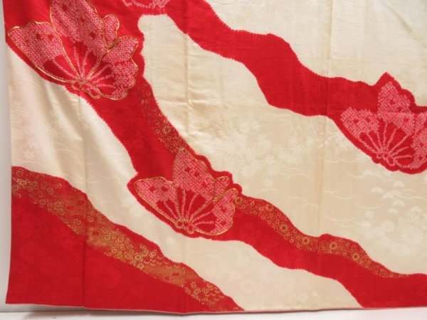 Photo6: 5806T09z1040 Vintage Japanese Kimono Silk FURISODE Butterfly Dark red (6)