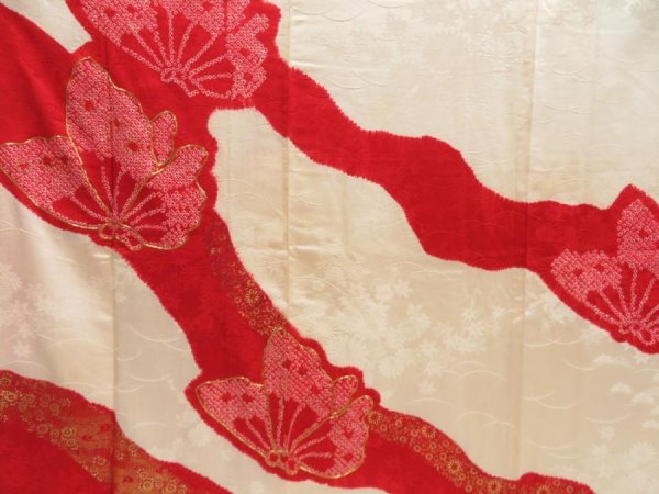 Photo8: 5806T09z1040 Vintage Japanese Kimono Silk FURISODE Butterfly Dark red (8)