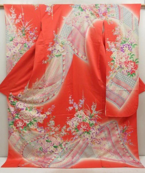 Photo1: 5806T13z1130 Vintage Japanese Kimono Silk FURISODE Flowers Dark salmon (1)