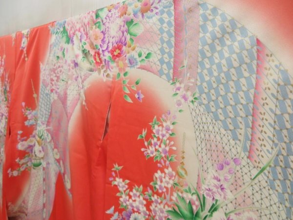 Photo2: 5806T13z1130 Vintage Japanese Kimono Silk FURISODE Flowers Dark salmon (2)