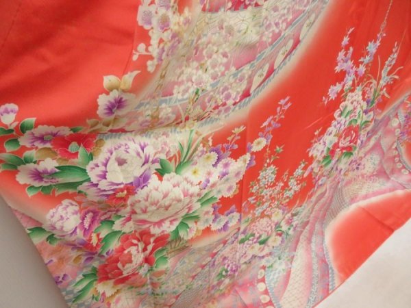 Photo3: 5806T13z1130 Vintage Japanese Kimono Silk FURISODE Flowers Dark salmon (3)